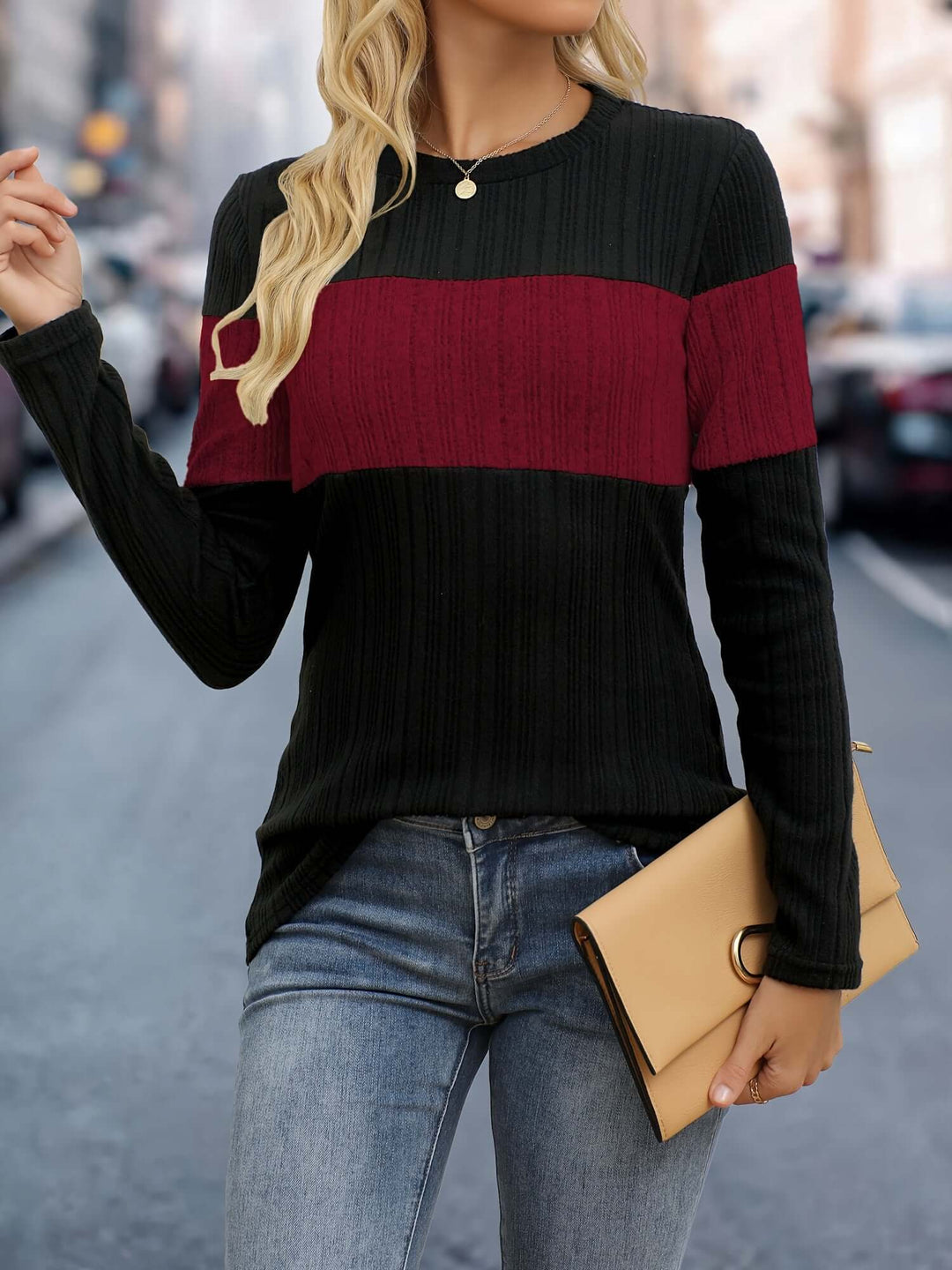 Women's Colour Block Ribbed Top