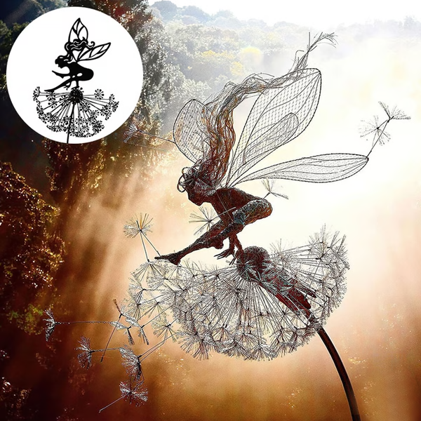 "Fairy Steel Sculpture joyfully playing on a dandelion, adding a whimsical touch to your garden decor."