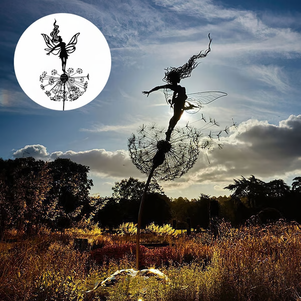 "Fairy Steel Sculpture joyfully playing on a dandelion, adding a whimsical touch to your garden decor."