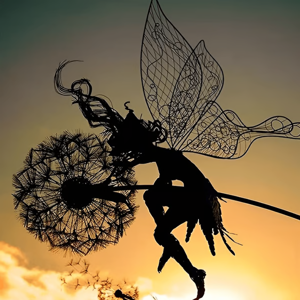 "Fairy Steel Sculpture joyfully playing on a dandelion, adding a whimsical touch to your garden decor."