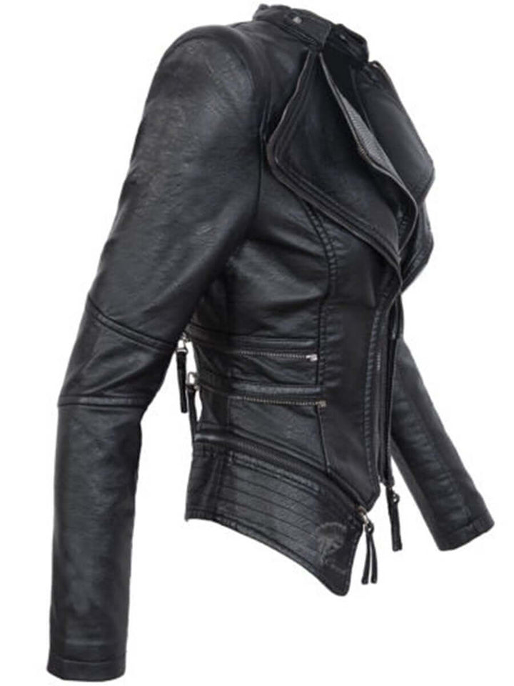 Women's Black Asymmetrical PU Leather Biker Jacket