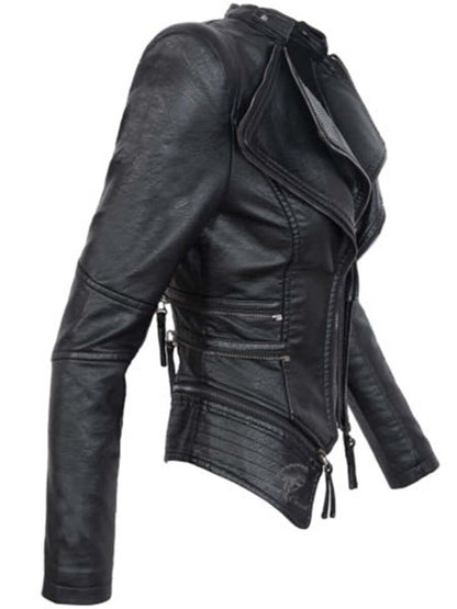 Women's Slim Fit PU Leather Jacket with Zip Stitching