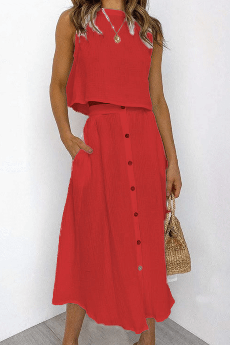 Women's Relaxed Round Neck Top and Midi Skirt Set