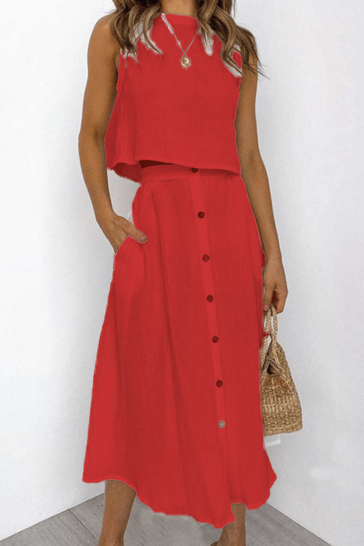 Women's Relaxed Round Neck Top and Midi Skirt Set