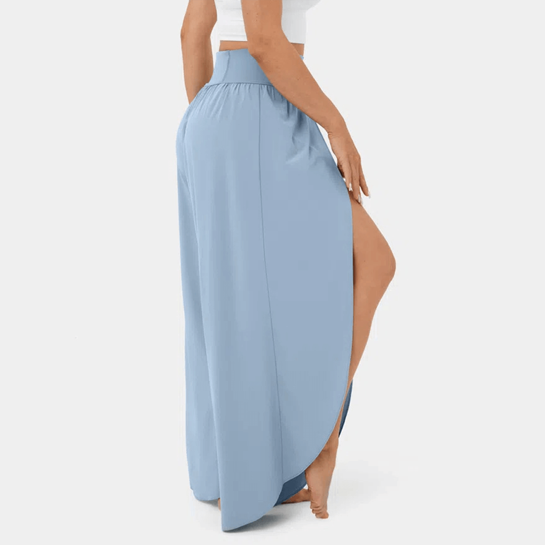 Flared Casual Trousers - High-Waisted Split Hem