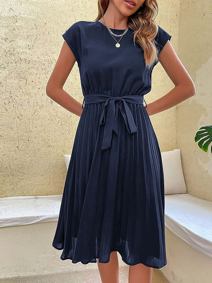 Women's Pleated Midi Dress with Tie Waist