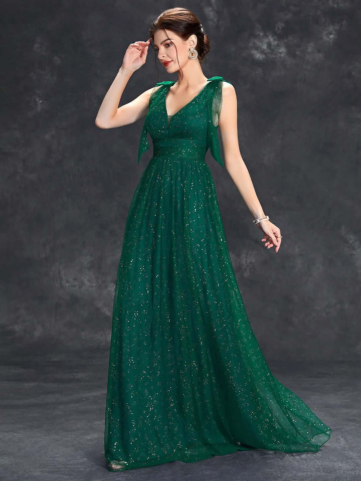 Glitter Embellished V-Neck Sleeveless Floor-Length Evening Gown
