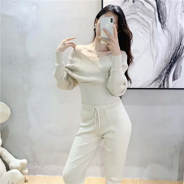 Women's Ribbed Knit Lounge Set with Harem Pants