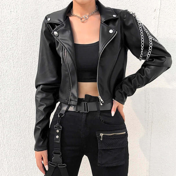 Women's Slim Fit PU Leather Jacket with Silver Chains