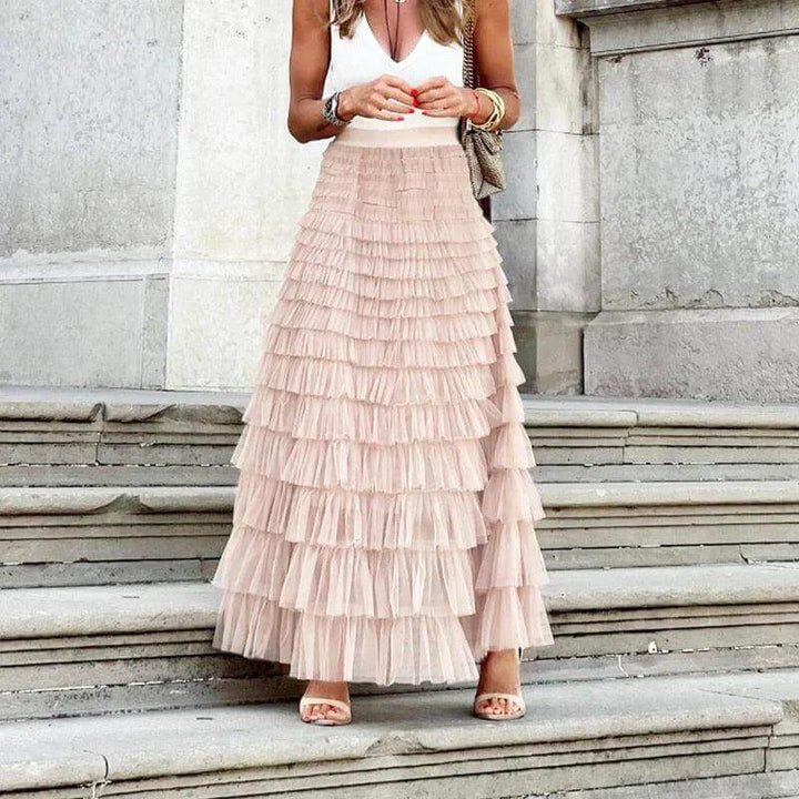 Women's Pleated Mesh Midi Skirt with Ruffle