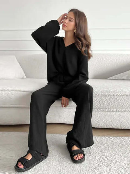 Women's Cotton Loungewear Set - V-Neck & Wide Leg