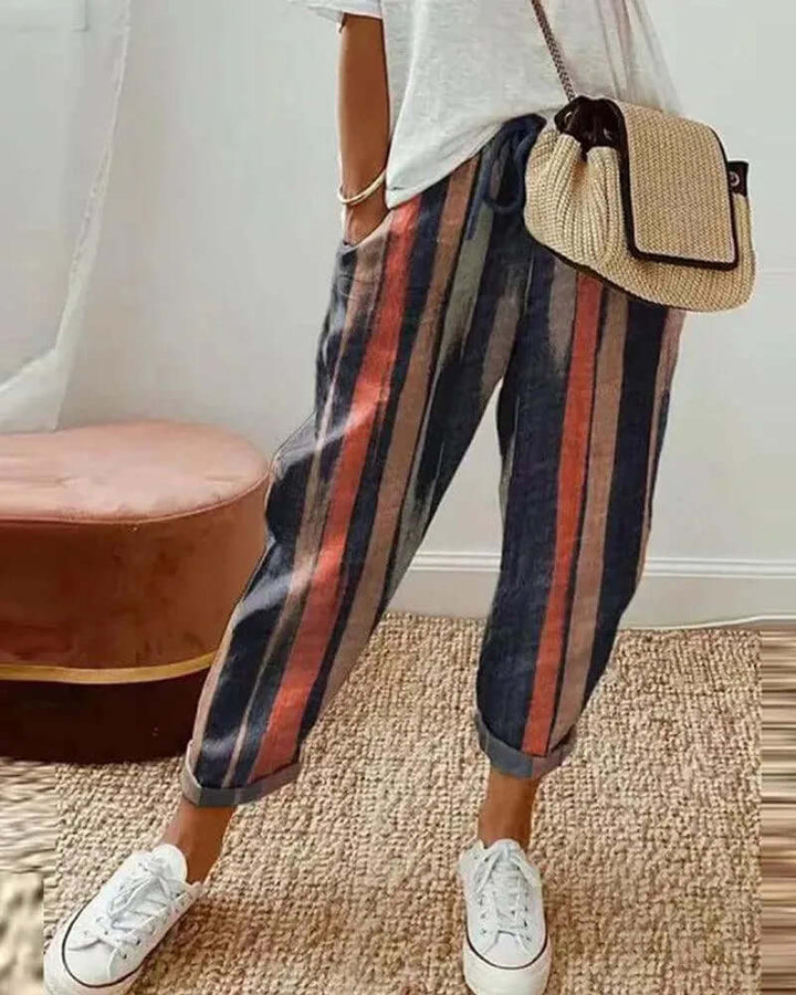 Women's Striped Linen-Blend Casual Trousers