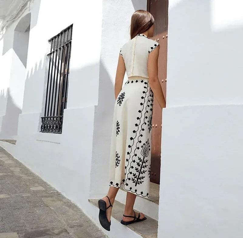 Embroidered Crop Top & Wrap Midi Skirt Set