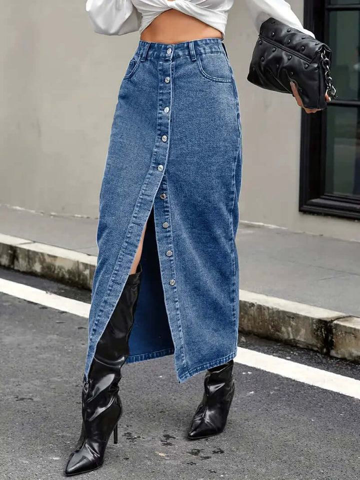 Women's High-Waist Denim Midi Skirt with Front Slit