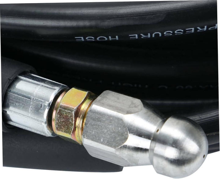 "Flexible high-pressure washer hose compatible with Karcher cleaners, featuring durable woven fabric and brass nozzle."