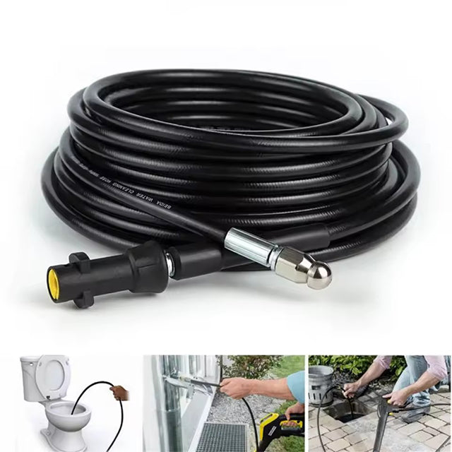 "Flexible high-pressure washer hose compatible with Karcher cleaners, featuring durable woven fabric and brass nozzle."