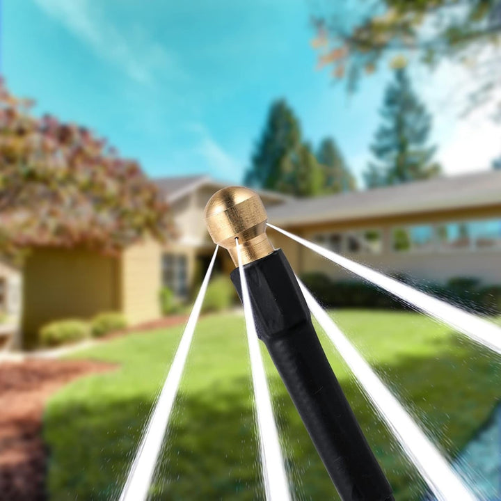 "Flexible high-pressure washer hose compatible with Karcher cleaners, featuring durable woven fabric and brass nozzle."