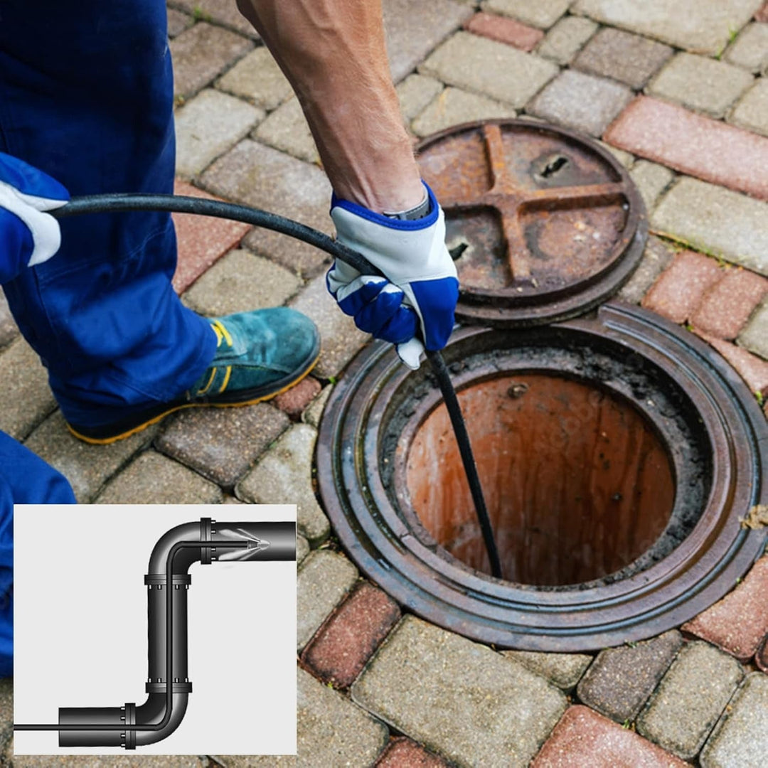 "Flexible high-pressure washer hose compatible with Karcher cleaners, featuring durable woven fabric and brass nozzle."