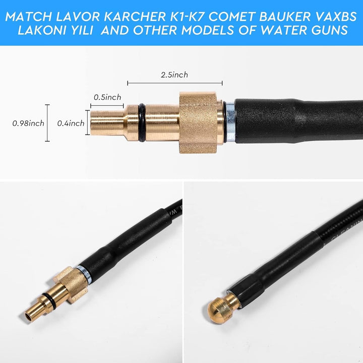 "Flexible high-pressure washer hose compatible with Karcher cleaners, featuring durable woven fabric and brass nozzle."