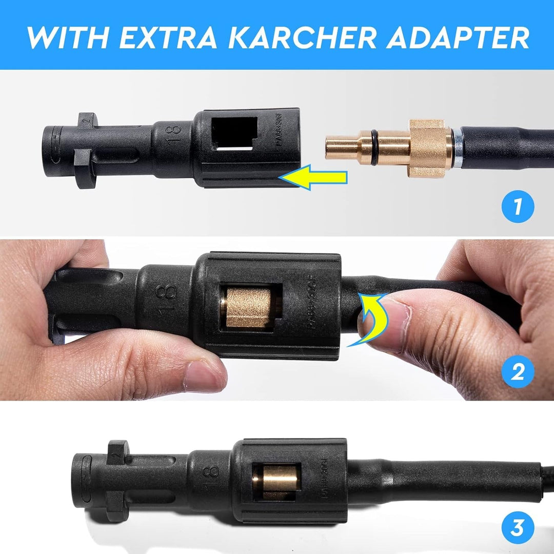 "Flexible high-pressure washer hose compatible with Karcher cleaners, featuring durable woven fabric and brass nozzle."