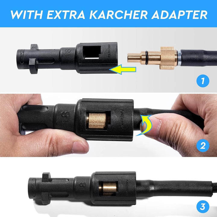 "Flexible high-pressure washer hose compatible with Karcher cleaners, featuring durable woven fabric and brass nozzle."