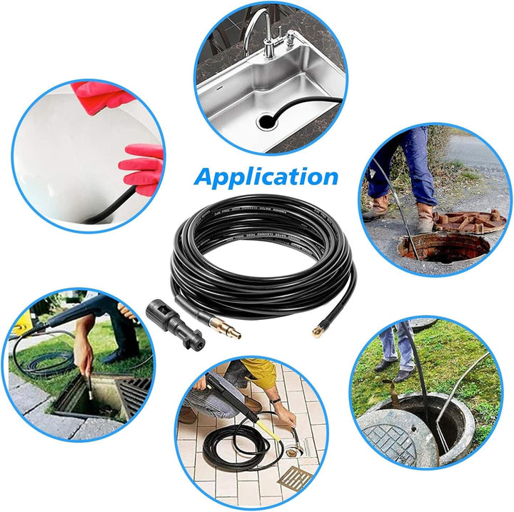 "Flexible high-pressure washer hose compatible with Karcher cleaners, featuring durable woven fabric and brass nozzle."