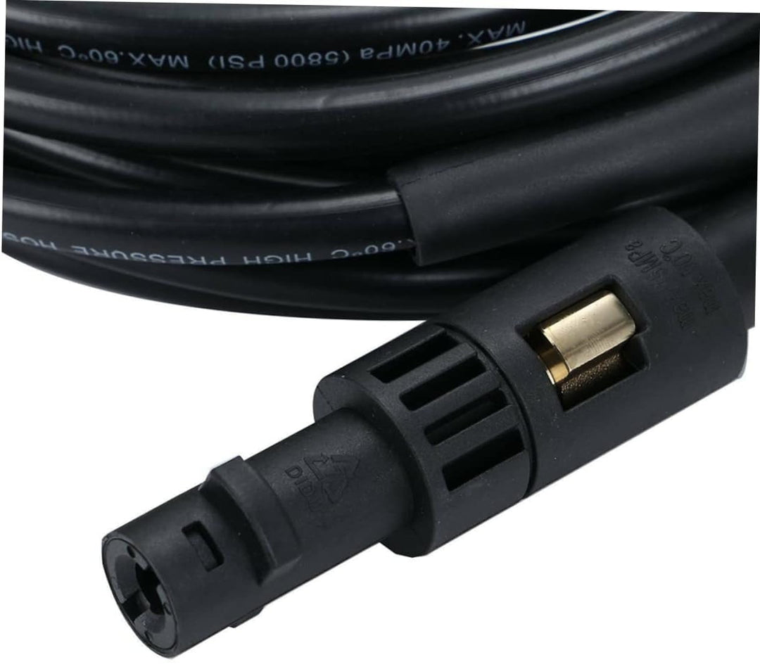 "Flexible high-pressure washer hose compatible with Karcher cleaners, featuring durable woven fabric and brass nozzle."