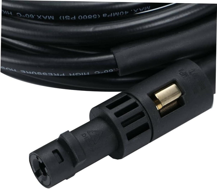 "Flexible high-pressure washer hose compatible with Karcher cleaners, featuring durable woven fabric and brass nozzle."