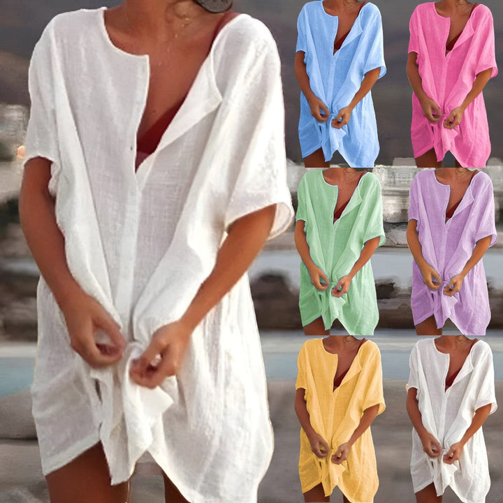Flowy lightweight beach cover-up dress in vibrant colors and relaxed fit, perfect for layering over swimsuits in summer.