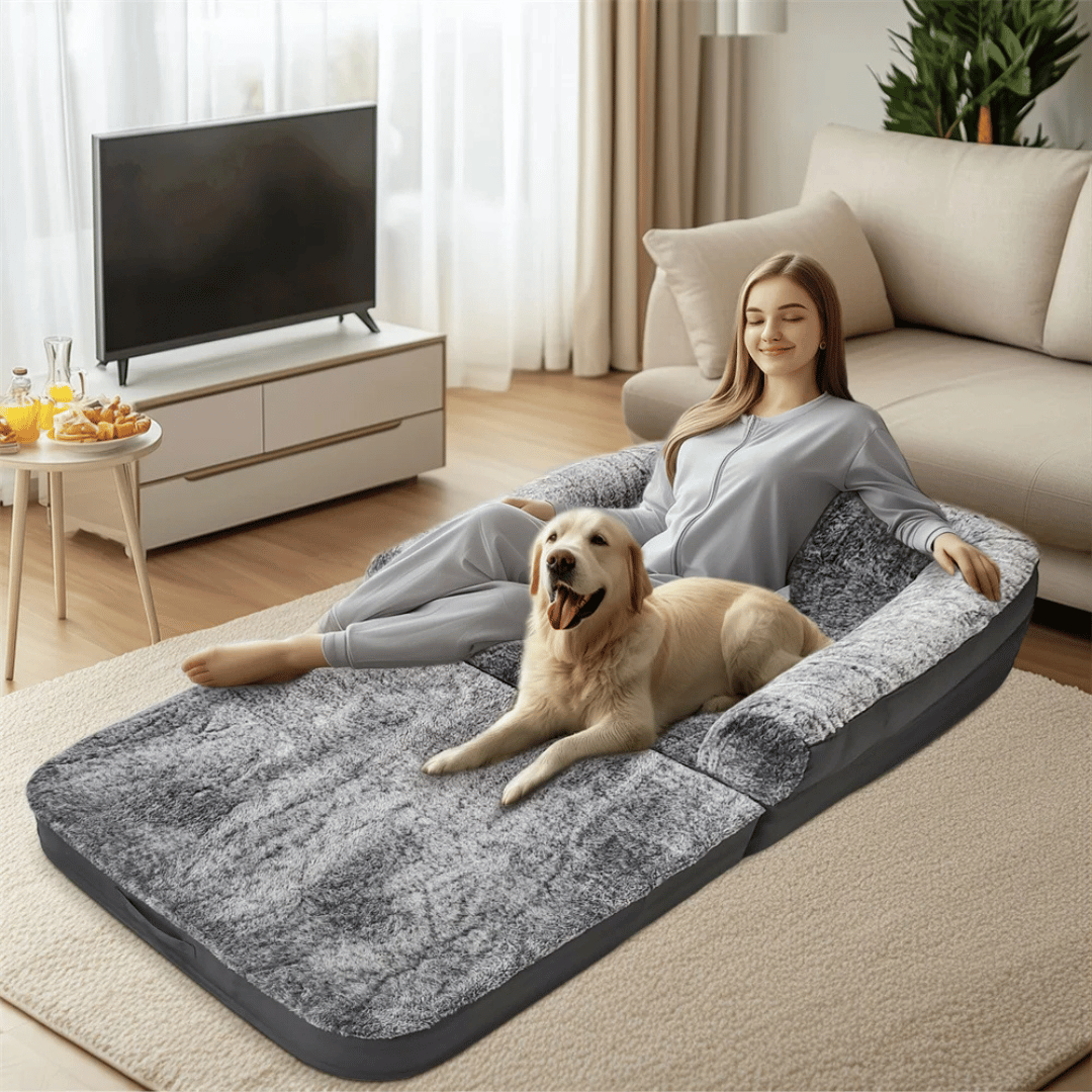 Foldable calming pet bed with plush bolsters, ideal for bonding with pets. Lightweight, spacious, and easy to maintain.