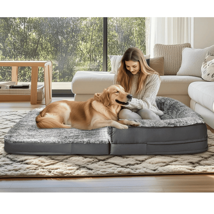 Foldable calming pet bed with plush bolsters, ideal for bonding with pets. Lightweight, spacious, and easy to maintain.