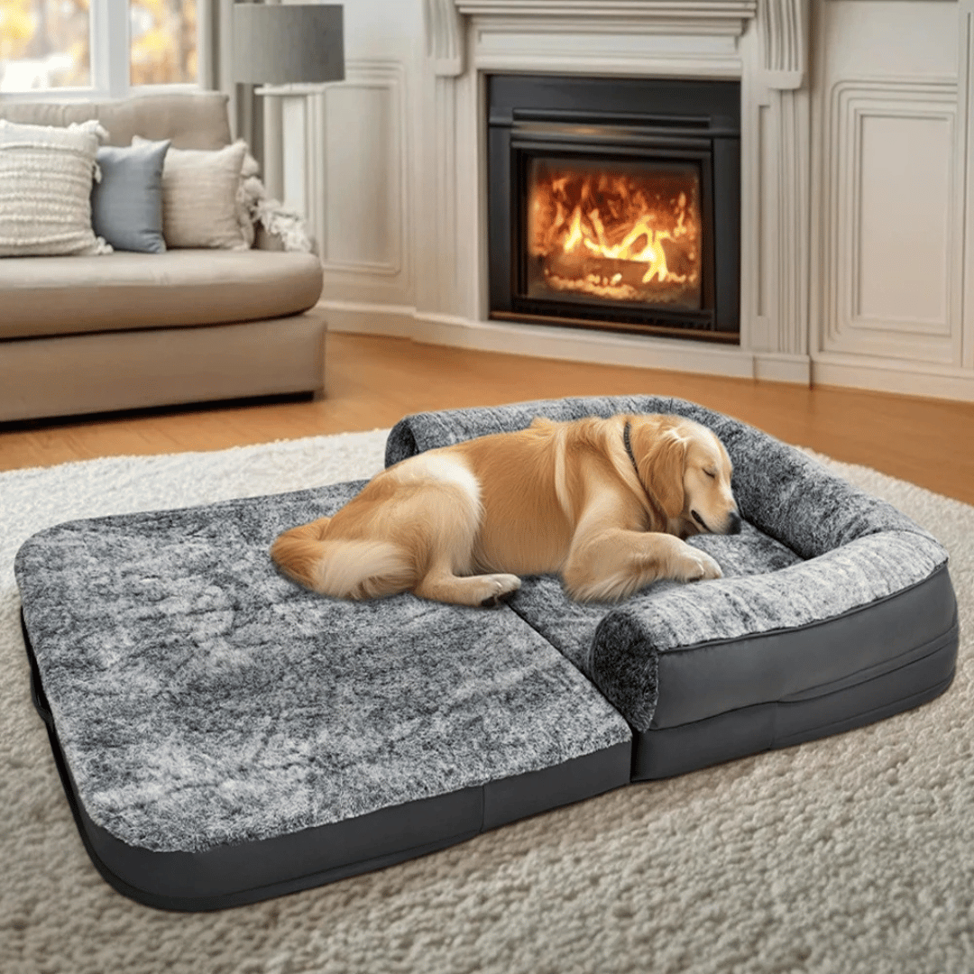 Foldable calming pet bed with plush bolsters, ideal for bonding with pets. Lightweight, spacious, and easy to maintain.
