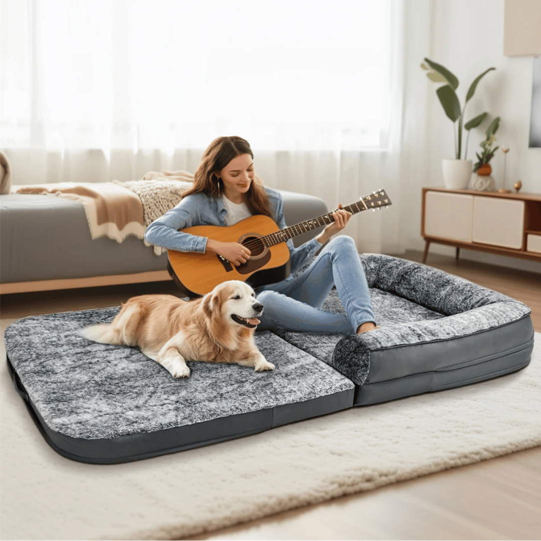 Foldable calming pet bed with plush bolsters, ideal for bonding with pets. Lightweight, spacious, and easy to maintain.