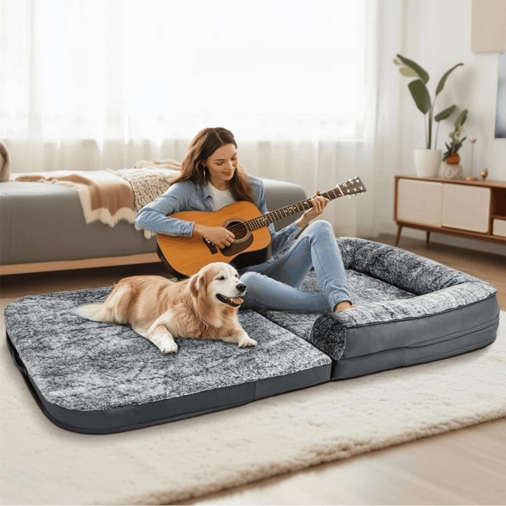 Foldable calming pet bed with plush bolsters, ideal for bonding with pets. Lightweight, spacious, and easy to maintain.
