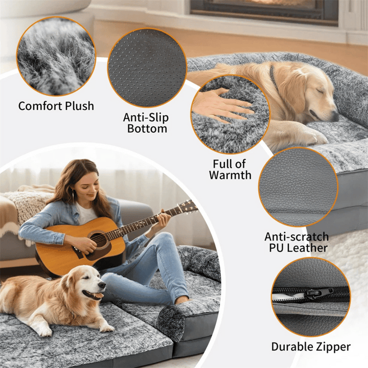 Foldable calming pet bed with plush bolsters, ideal for bonding with pets. Lightweight, spacious, and easy to maintain.