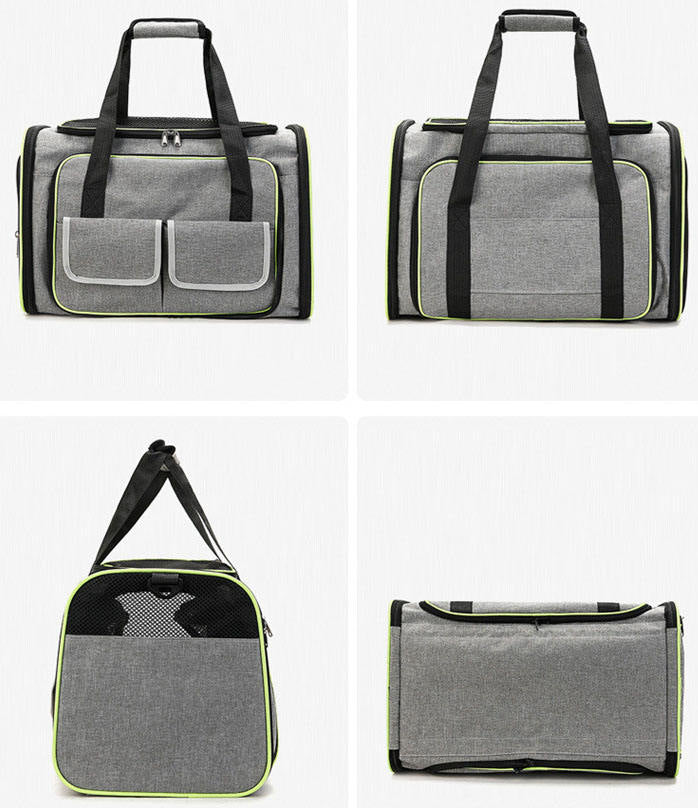 Foldable pet carrier bag with mesh inserts, soft materials, and secure zippers; ideal for comfortable and safe pet travel.