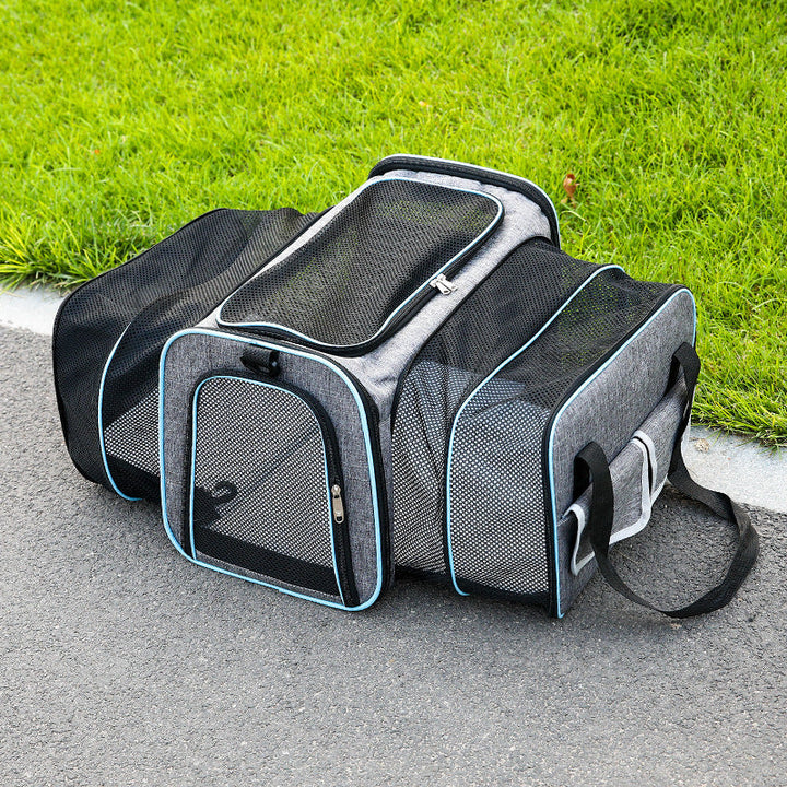 Foldable pet carrier bag with mesh inserts, soft materials, and secure zippers; ideal for comfortable and safe pet travel.