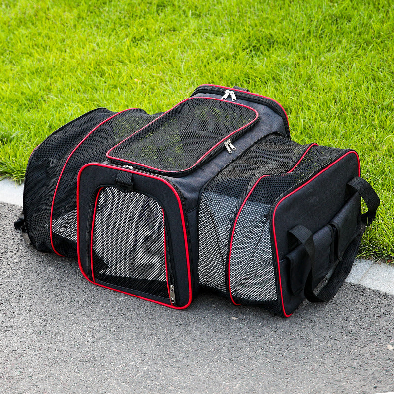 Foldable pet carrier bag with mesh inserts, soft materials, and secure zippers; ideal for comfortable and safe pet travel.
