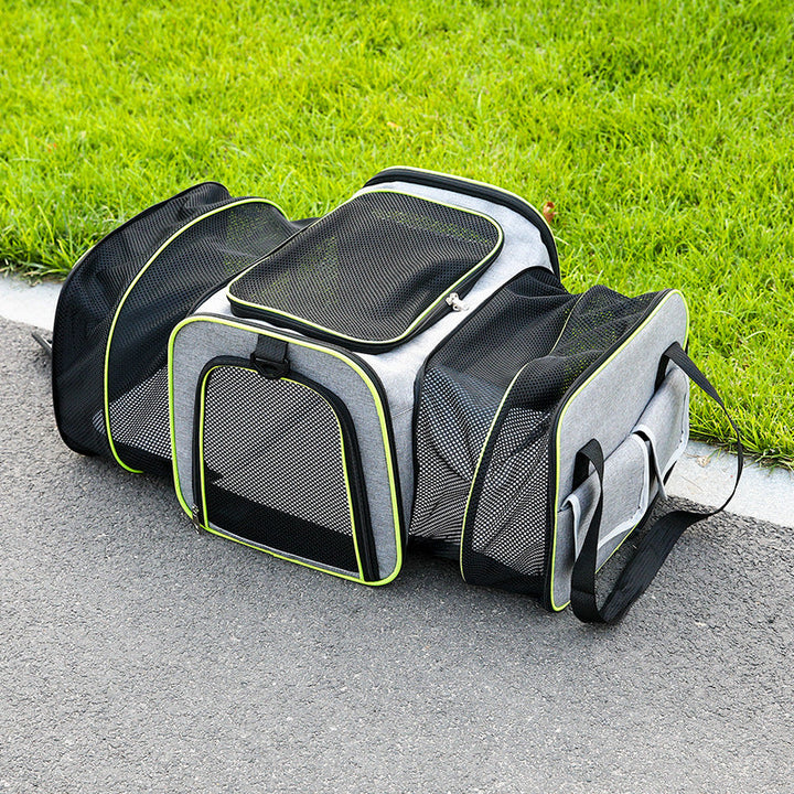 Foldable pet carrier bag with mesh inserts, soft materials, and secure zippers; ideal for comfortable and safe pet travel.