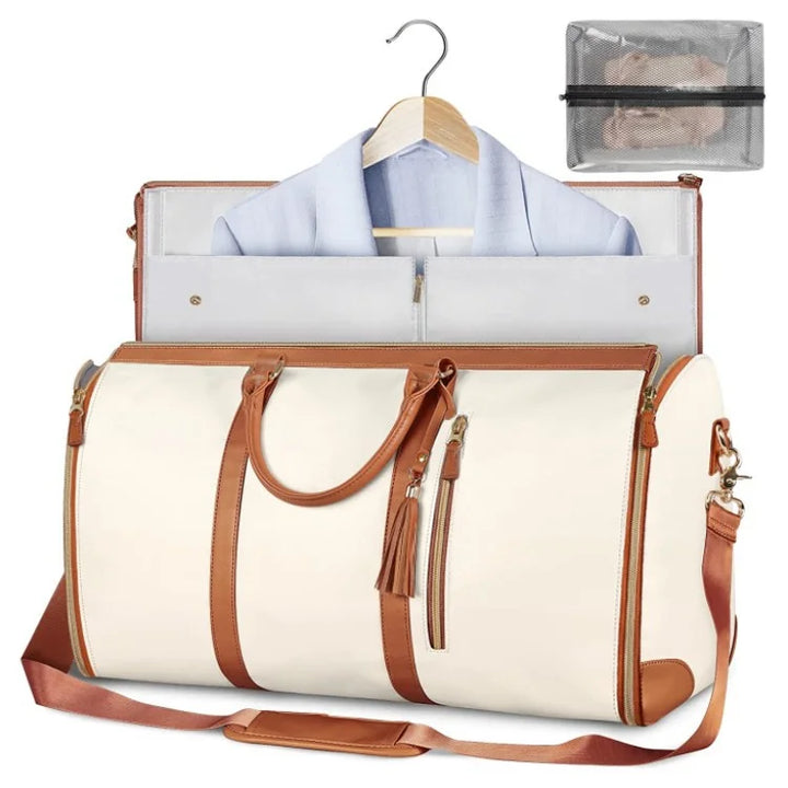 "Foldable smart carry-on bag with sleek design, multi-compartment storage, vegan leather, and garment cover for travel."