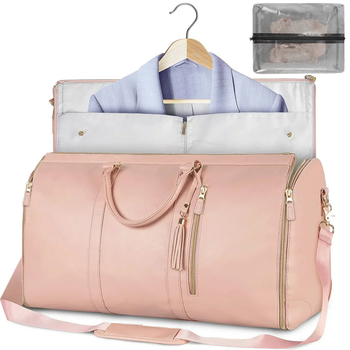 "Foldable smart carry-on bag with sleek design, multi-compartment storage, vegan leather, and garment cover for travel."