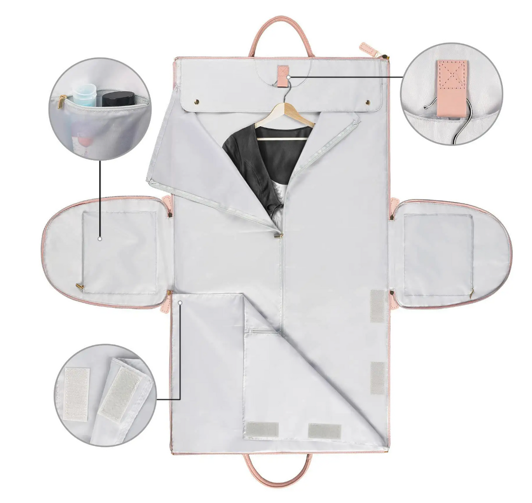 "Foldable smart carry-on bag with sleek design, multi-compartment storage, vegan leather, and garment cover for travel."