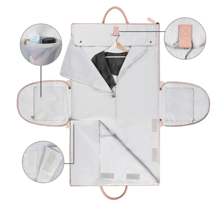 "Foldable smart carry-on bag with sleek design, multi-compartment storage, vegan leather, and garment cover for travel."