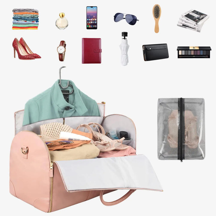 "Foldable smart carry-on bag with sleek design, multi-compartment storage, vegan leather, and garment cover for travel."