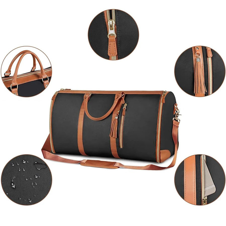 "Foldable smart carry-on bag with sleek design, multi-compartment storage, vegan leather, and garment cover for travel."