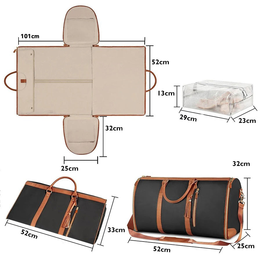 "Foldable smart carry-on bag with sleek design, multi-compartment storage, vegan leather, and garment cover for travel."