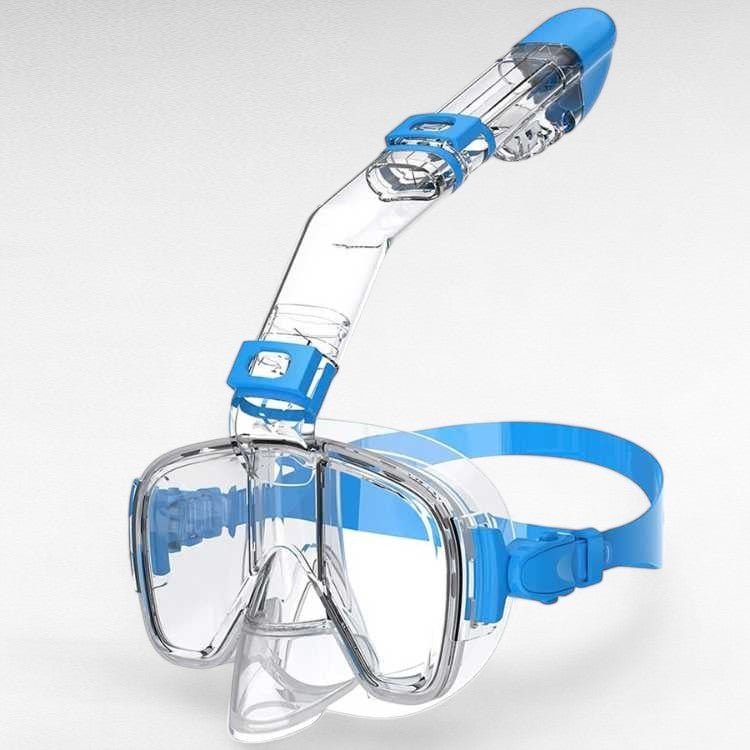 Foldable snorkel mask with 180° view, clear lenses, dry top system for easy breathing, ideal for underwater exploration.