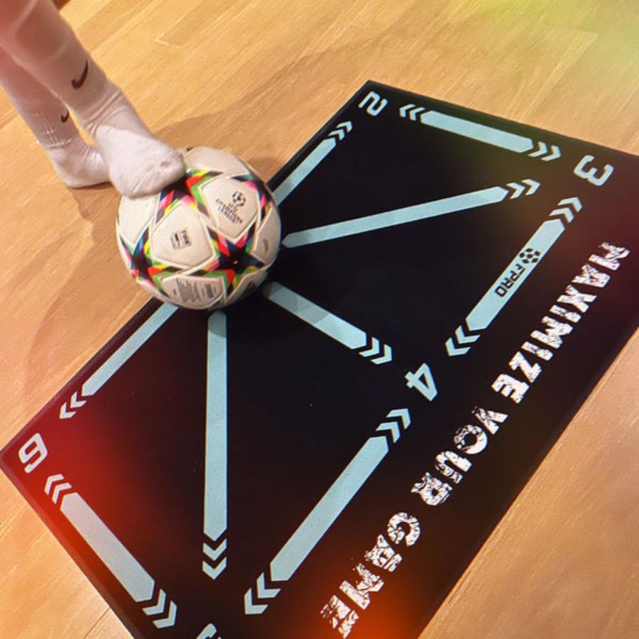 "Football Pro Youth Training Mat for home use, 90cm x 60cm, enhances skills with video program and high-friction surface."
