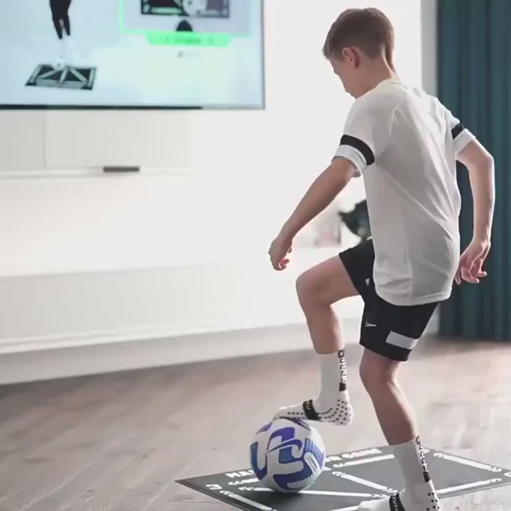 "Football Pro Youth Training Mat for home use, 90cm x 60cm, enhances skills with video program and high-friction surface."