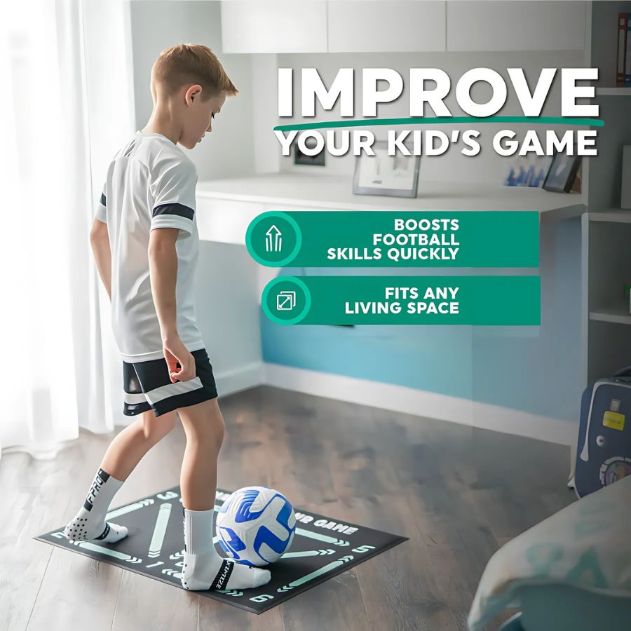 "Football Pro Youth Training Mat for home use, 90cm x 60cm, enhances skills with video program and high-friction surface."